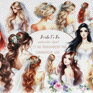 57 Elegantes Aquarell Braut Clipart Set - Transparente PNG, Braut Illustrationen, Hochzeitsentwürfe, kommerzielle Nutzung, Blumenhochzeit Clipart