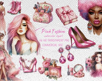 Pink Fashion Clipart: Watercolor Girl, Makeup, & Accessories (Digital Download)