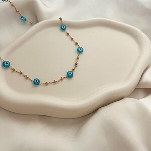 Gold Plated Bubble Chain Necklace with Blue Nazar Charms – Evil Eye Stainless Steel Jewelry, Layering Gift for Her, Waterproof, Layering