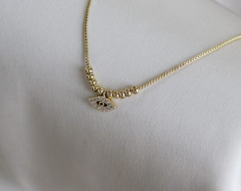 Eye Necklace Dainty Evil Eye Necklace – Gold Plated Sleek Chain, Adjustable Chain with Slider, Minimalist Nazar Jewelry
