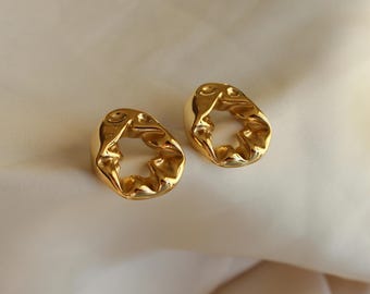 Mabel Organic Chunky Stud Earrings – Gold Plated Stainless Steel | Modern Sculptural Statement Earrings | Abstract Minimalist Jewelry