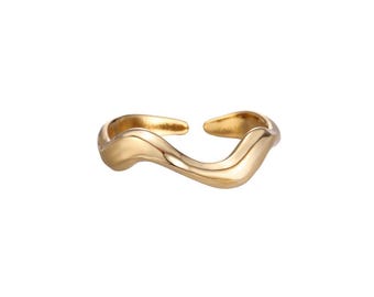 Adjustable Stainless Steel Wave Ring – Minimalist, Lightweight, Hypoallergenic Jewelry, Gold Plated and Silver Tone, Waterproof, Elegant