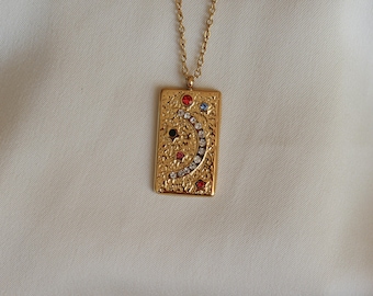 Moon Amulet Necklace, Moon Necklace – Gold Plated - Colorful Stones – Stainless Steel Jewelry – Mystical Pendant – Amulet Necklace