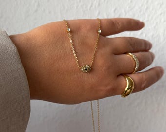 Eye Chain, Fine Evil Eye Necklace - Pendant with Blue and White Stones, Gold Plated Stainless Steel, Protective & Stylish, Waterproof