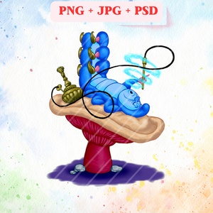 以下が含まれることがあります： 赤い茎のキノコの上に、大きく優しい笑顔をした青いイモムシが座っています。イモムシは右手に細長い青い杖を持っています。イモムシは眼鏡をかけています。キノコは紫色の地面に、いくつかの灰色の石と一緒に置かれています。