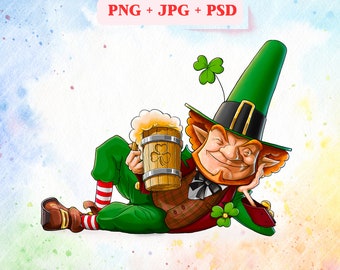 ビールジョッキを持ったレプラコーンのイラスト - デジタルダウンロード - 聖パトリックの日の装飾。即時ダウンロード - ビールジョッキのグラフィック PNG、JPG、PSD