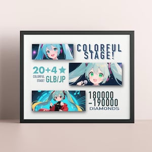 Könnte beinhalten: Gerahmtes Kunstwerk mit einer farbenfrohen Anime-Illustration. Das Kunstwerk enthält den Text "COLORFUL STAGE!" und "20+4 Sterne GLB/JP". Zusätzlicher Text zeigt "180000-190000 DIAMONDS". Das Bild hat einen schwarzen Rahmen.