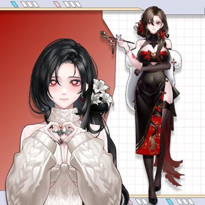 Puede incluir: Ilustración digital de una mujer con cabello largo negro y ojos rojos. Lleva un suéter blanco y un vestido negro con detalles rojos. La imagen tiene una combinación de colores rojo y blanco.