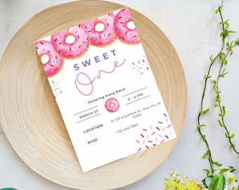 EDITABLE Donut Sweet One 1st Birthday Invite - Pink Sprinkle Invitation Printable Template Instant Download