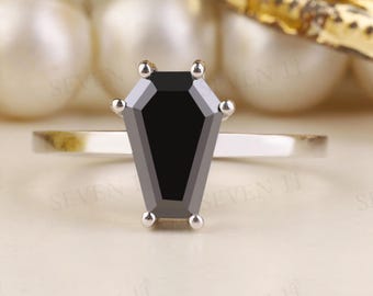 Black Coffin Cut Solitaire Engagement Ring, 14K White Gold Coffin Moissanite Diamond Ring, Coffin Ring For women, Anniversary Halloween Gift