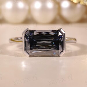 East West Gray Criss Cut Moissanite Solitaire Engagement Ring, Long Criss Cut Unique Gray Moissanite Half Bezel Set Ring in Solid White Gold