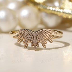 14k Gold Sunshine Ring, Solid Gold Sun Stacking Ring, Womens Sunburst Curved Wedding Ring, Minimalist Ring Rising Sun Ring Solitaire Rings