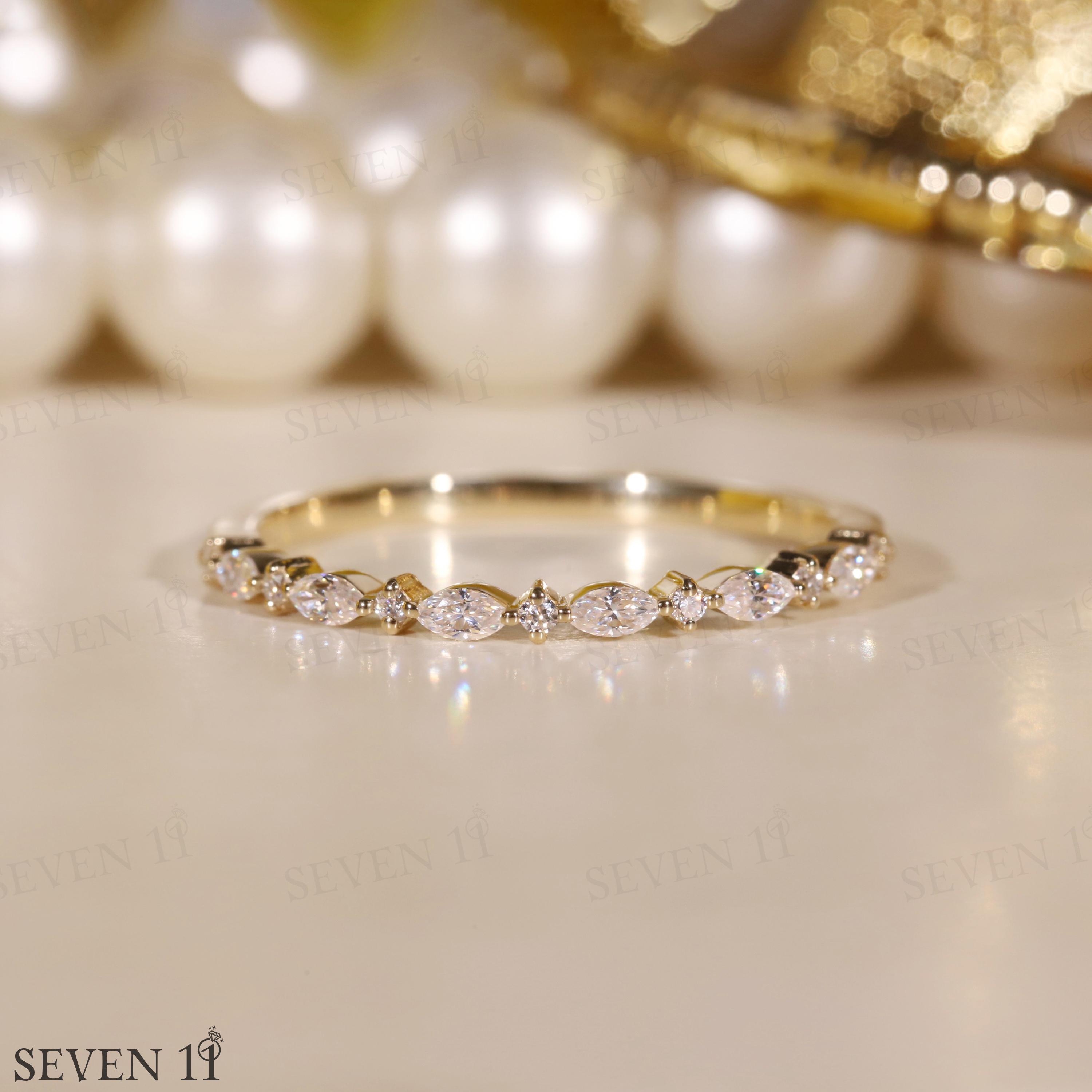 14k Solid Gold Marquise Band Ring, Unique Marquise Ring, Half Eternity ...