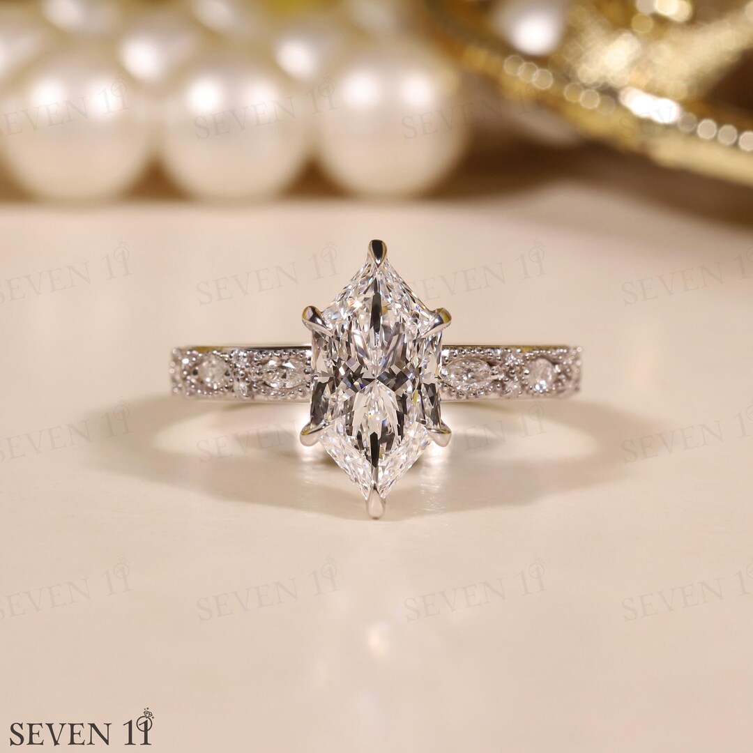Art Deco Dutch Marquise Cut Lab Grown Diamond Engagement Ring Milgrain ...
