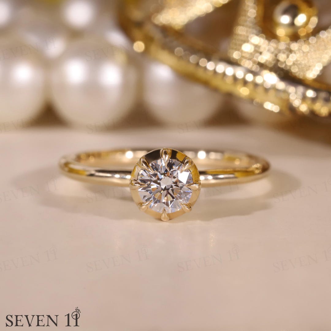Georgian Cut Down Button Back Set Lab Grown Round Cut Engagement Ring ...