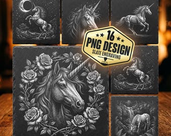 Unicorn Slate Engraving PNG Bundle, 16 Celestial Fantasy Designs, Laser Engraving Files for Glowforge Xtool Lightburn, Coaster Sign