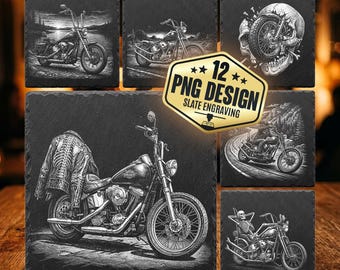 Skeleton Biker Motorcycle Slate Engraving PNG Bundle, 12 Skull Rider Designs, Laser Engraving Files for Glowforge Xtool, Man Cave Decor