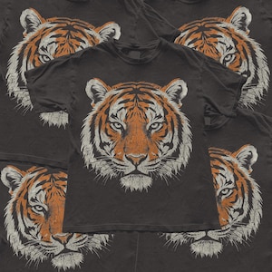 Puede incluir: Una camiseta de manga corta gris carbón con un gran estampado gráfico centrado de una cara de tigre. El tigre está representado en tonos naranja, negro y blanco con una textura de pelaje detallada y una expresión enfocada hacia el frente.
