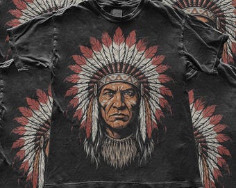 Native American Indian Chief T-Shirt | Vintage Headdress Warrior Graphic Tee | Tribal Western Distressed Shirt