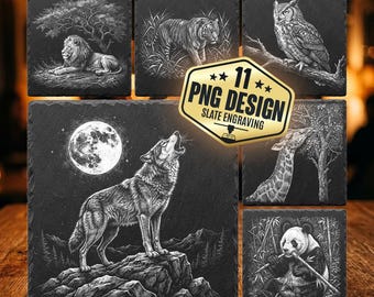 Wild Animals Slate Engraving PNG Bundle, 11 Designs Wolf Moon Lion Tiger Owl Giraffe Panda, Laser File for Glowforge Xtool Lightburn