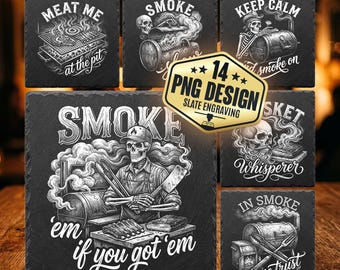 BBQ Slate Coaster Engraving PNG Bundle, 14 Skeleton Smoker Designs for Laser Engraving, Man Cave Sign, Glowforge Xtool File