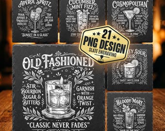 Cocktail Recipe Slate Engraving PNG Bundle, 21 Classic Drinks Designs Old Fashioned Cosmopolitan, Laser Engraving Files Home Bar Decor