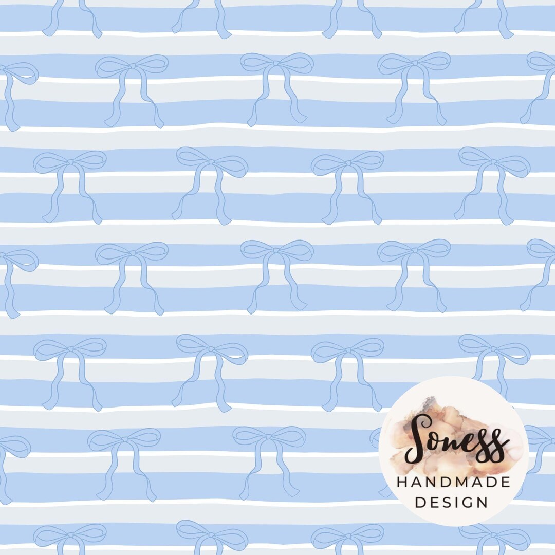 Patterned Blue Ribbon Blue Bow Seamless Pattern, Cute Ribbon Stripes Fabric, Soft Pastel ...