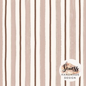 May include: Vertical striped pattern in shades of brown, beige, and white. The design features uneven brushstrokes, creating a textured look. The image includes a circular logo with the text "Soness Handmade Design."