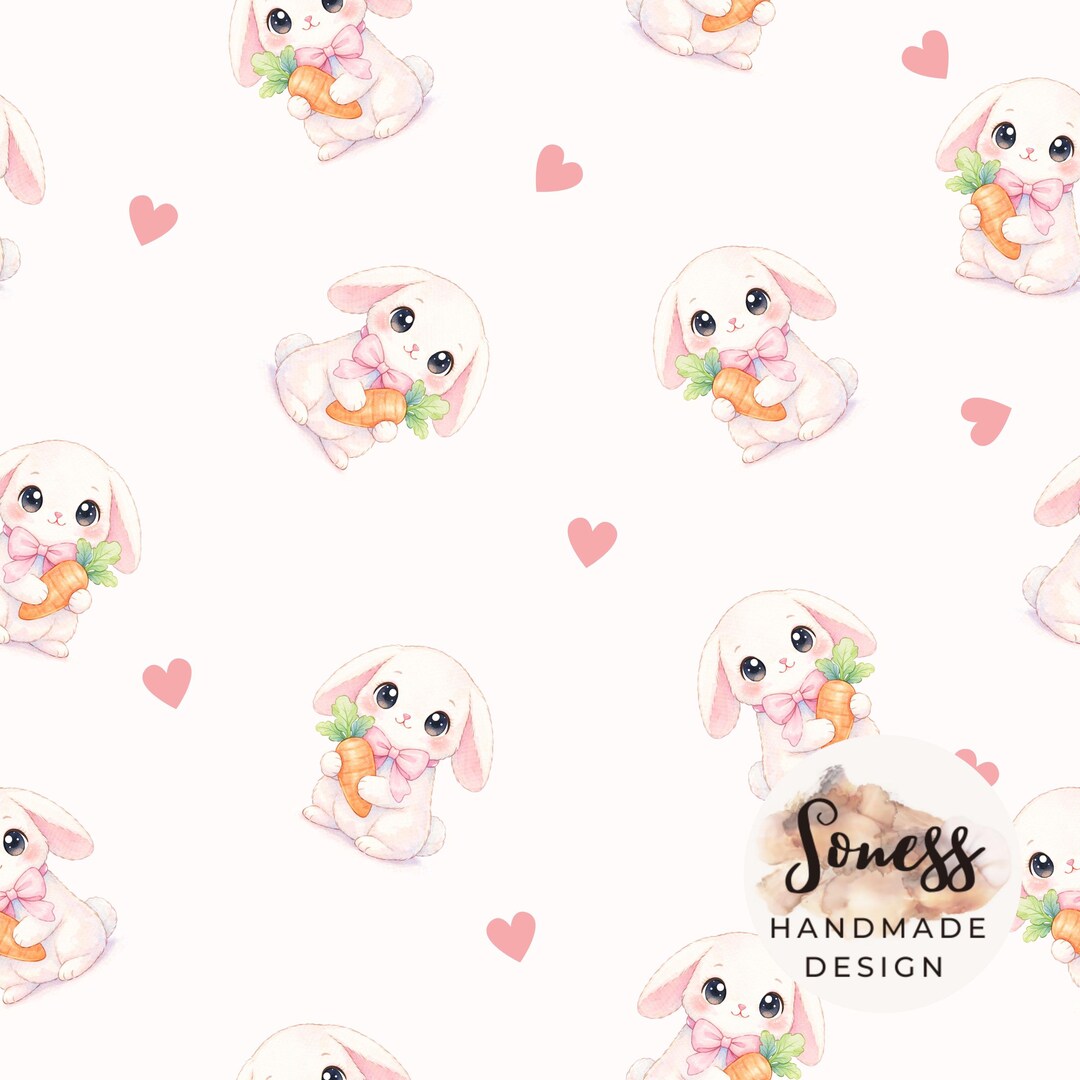 Cute Bunny Seamless Pattern, Pink Baby Rabbit With Carrot, Pastel ...