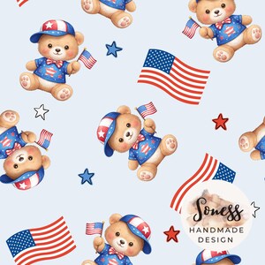 May include: A light blue seamless pattern featuring cartoon teddy bears wearing patriotic outfits and holding American flags. The bears are adorned with red, white, and blue hats and shirts. Scattered stars and American flags complete the design.
