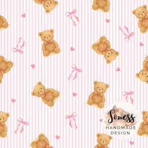 Estampado sin costuras de osito de peluche rosa en acuarela, tela para habitación infantil (descarga digital)