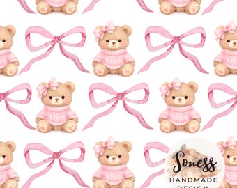 Pink Teddy Bear Seamless Pattern, Baby Girl Nursery Fabric (Digital Download)