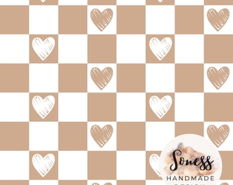 Beige Brown Heart Checkered Pattern, Valentine Fabric (Digital Download )