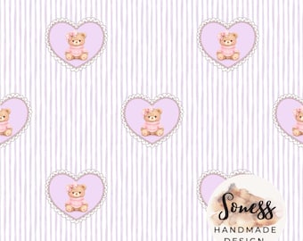 Cute Pink Teddy Bear Heart Seamless Pattern, Baby Girl Nursery Fabric, Sweet Pastel Bear Repeating Design, Kids Fabric Print