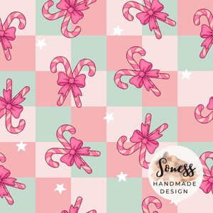 Christmas Candy Canes and Bows Seamless File, Girl Pink Christmas Seamless Pattern, Pink Red Candy Cane Seamless File
