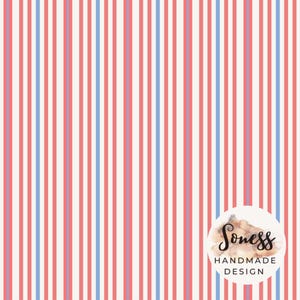 May include: A repeating pattern of vertical stripes in red, white, and light blue. The design consists of parallel stripes in a patriotic colour scheme. A circular logo with the text "Soness Handmade Design" is visible.
