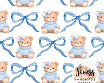 Niedliches Teddybär-Muster, niedliches Baby-Tier-Aquarell, Kindergartenstoff, Kinderstoff, Baby-Muster, nahtloses Babyblau