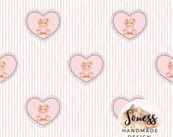 Cute Pink Teddy Bear Heart Seamless Pattern, Baby Girl Nursery Fabric, Sweet Pastel Bear Repeating Design, Kids Fabric Print