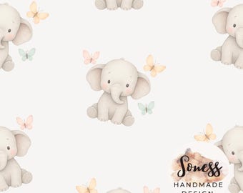 Baby Elephant Seamless Pattern, Cute Safari Animal Watercolor, Nursery Fabric, Kids Fabric, Neutral Baby Pattern