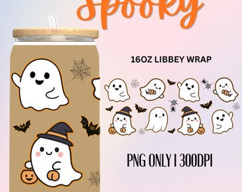 Spooky Cute Libbey Glass Wrap PNG | Kawaii Halloween Ghost Pumpkin 16oz Glass Can Design | Cute Spooky Sublimation