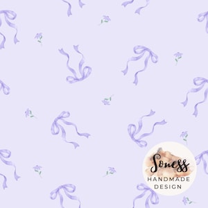 May include: A light purple background features a repeating pattern of watercolor-style lavender bows and small purple flowers. The bows have flowing ribbons. A circular logo with the text "Soness Handmade Design" is in the lower right corner.