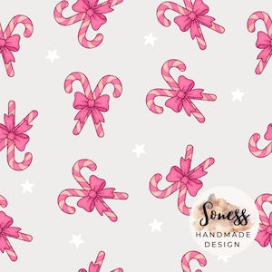 Christmas Candy Canes and Bows Seamless File, Girl Pink Christmas Seamless Pattern, Pink Red Candy Cane Seamless File
