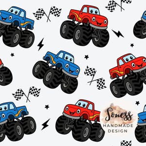 Patrón sin costuras de Monster Truck: Diseño de tela para niño (Descarga digital)