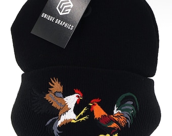 Embroidered Roosters Fighting Black Beanie