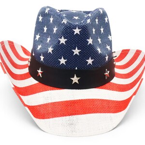 May include: A patriotic cowboy hat with a blue crown featuring white stars and a black band with silver star accents. The brim displays red and white stripes, creating a festive and eye-catching design. This hat is perfect for Independence Day celebrations.