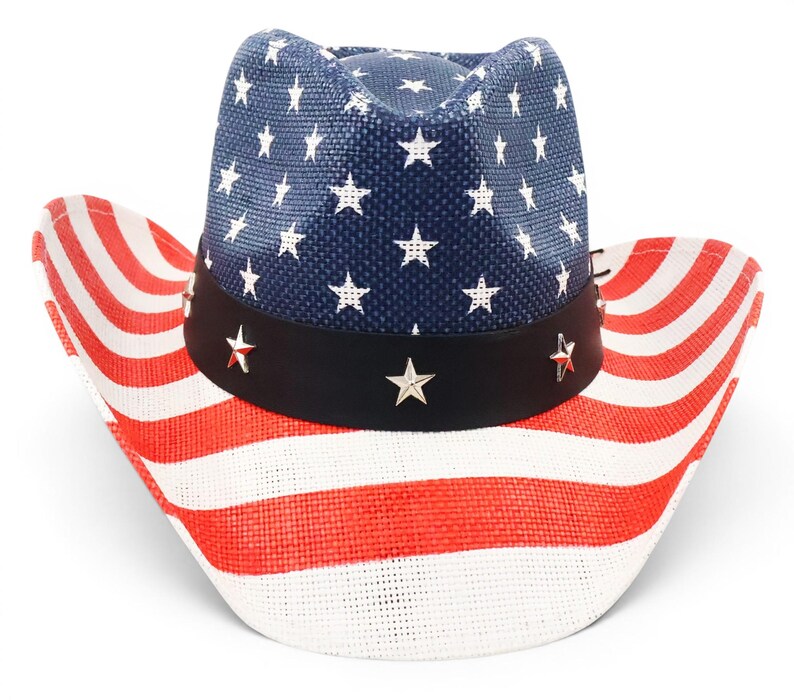 May include: A patriotic cowboy hat with a blue crown featuring white stars and a black band with silver star accents. The brim displays red and white stripes, creating a festive and eye-catching design. This hat is perfect for Independence Day celebrations.