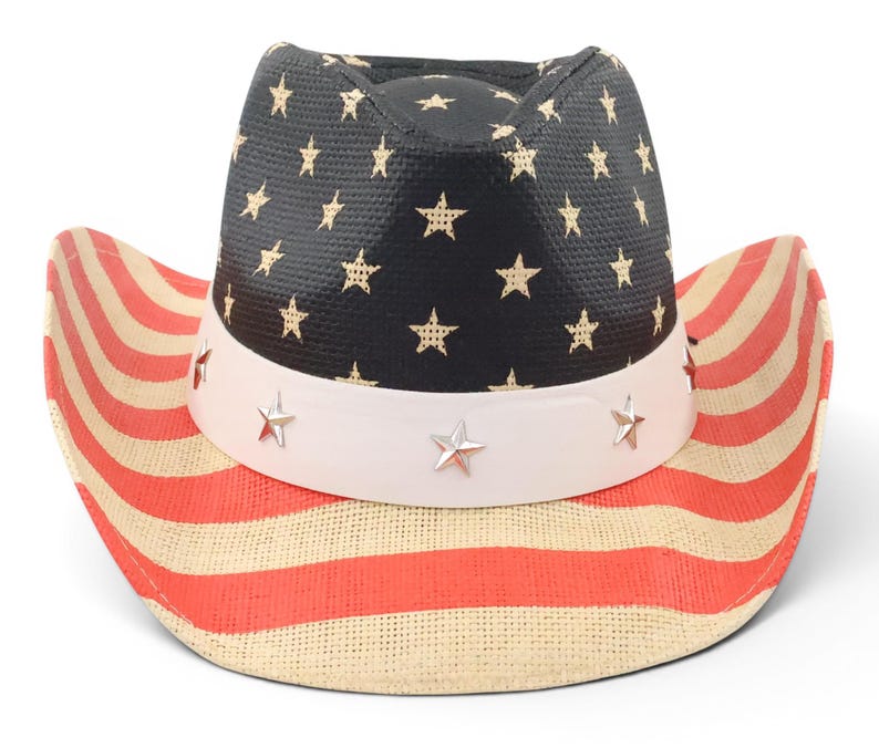 May include: A patriotic cowboy hat with a black crown adorned with gold stars. The brim features red and white stripes, and a white band with silver star accents. This hat is perfect for Independence Day celebrations.