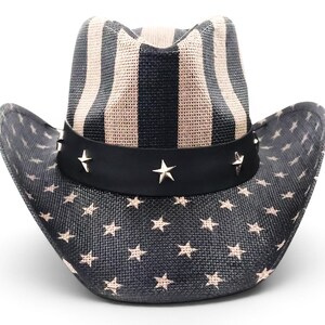 May include: Cowboy hat with a navy blue and tan striped crown and a navy blue brim with white stars. The hat features a black band with silver star accents.