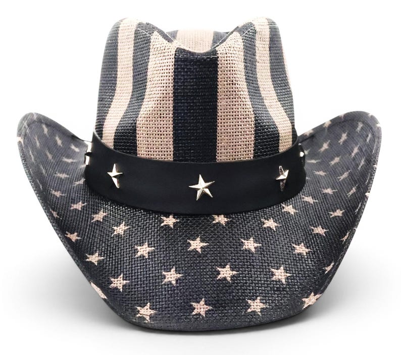 May include: Cowboy hat with a navy blue and tan striped crown and a navy blue brim with white stars. The hat features a black band with silver star accents.