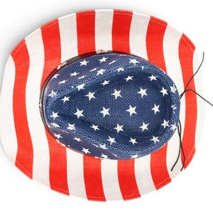 May include: A patriotic cowboy hat with a red and white striped brim and a blue crown adorned with white stars. The hat is designed with the colors of the American flag.